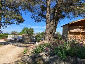 a tree and flowers in front of a building at Camping familial 3 Etoiles avec piscine Carrefour de l'Ardèche in Saint-Remèze