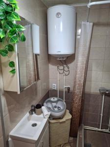 a small bathroom with a sink and a toilet at TI-NI Apartment in Gevgelija