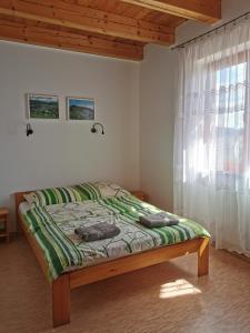 a bed in a room with a window and a bedvisor at Noclegi u Gosi w Polańczyku in Polańczyk