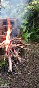a fire pit with a pile of branches and sticks at jungle house in Jatiluwih