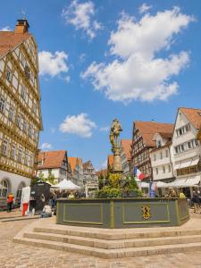 a statue in the middle of a town with buildings at Hotel Ochsen in Leonberg