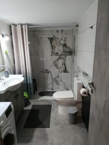 a bathroom with a toilet and a shower and a sink at Liana's house 2 in Perama