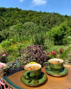 two cups on a table with a view of a field at Leila's Guest House in Joqolo +28 photos