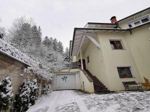 a house with a garage in the snow at Apartment FreiRaum in Innsbruck