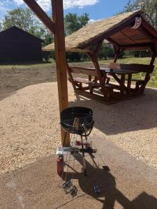 a gazebo with a basket and a picnic table at Cserke Nyaral-Lak in Cserkeszőlő