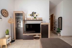 a living room with a flat screen tv at Casa Miniera in Linopótis