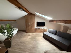 a living room with a couch and a tv at Guest House Pod Slavnikom in Podgorje