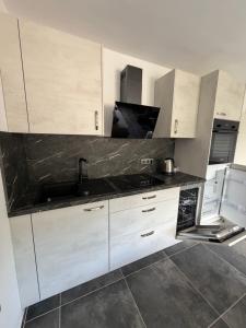 a kitchen with white cabinets and a sink at Modernes 1-Zimmer Apartment mit Küche und Bad in Merzig
