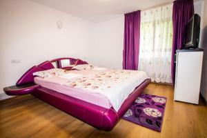 a bed with a purple bed frame in a room at Căşuţa LA CUCU in Vadu Moţilor