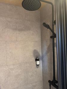 a shower with a shower head in a bathroom at Ošupio Vasarnamis in Šventoji +42 photos