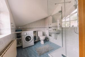 a bathroom with a washer and a sink and a washing machine at Apartman Susilova Slavkov in Slavkov u Brna