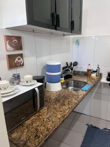 a kitchen counter with a sink and a microwave at Kitnet aconchegante in Pedra de Guaratiba