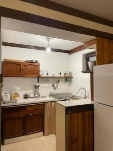 a kitchen with wooden cabinets and a white refrigerator at Alpinlife in Dejani