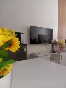 a room with a tv and a table with a flower at Victor Airport suites in Nairobi