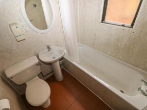 a bathroom with a toilet and a sink and a mirror at Cabin No 5 - Salt and Fern Cabins in Port Talbot +19 photos