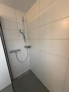 a shower with a hose in a white bathroom at Haus Enisa in Horgen +21 photos