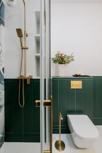 a bathroom with green walls and a shower with a toilet at Zegrze Lake Apartament VIRIDIAN z widokiem na jezioro, tarasem i parkingiem in Zegrze +20 photos