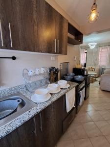 a kitchen with a sink and a counter with plates on it at Executive 1bedroom Furnished and BnB apartment with GYM,Swimming pool,Cityview - Kitisuru ,Nairobi in Nairobi