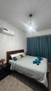 a bedroom with a bed with blue pillows at Michael Angelo Luxuri Villa 4 bedroom in Paphos