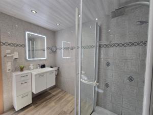a bathroom with a shower and a sink at Haus Blume in Medebach