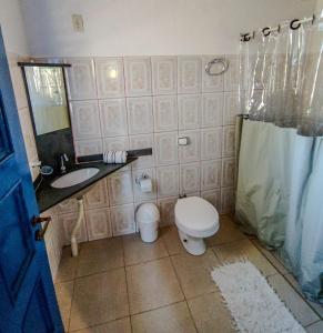a bathroom with a toilet and a sink and a mirror at Chalé Refúgio Casarão in Passa Quatro