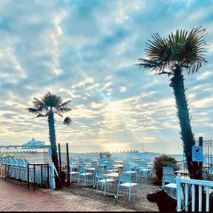 a group of tables and palm trees on the beach at West Rocks Hotel in Eastbourne