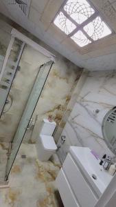 a bathroom with a toilet and a sink and a window at Jasmin Park in Baku