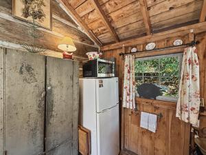 a kitchen with a refrigerator and a window at Melrose Cabin in Highlands