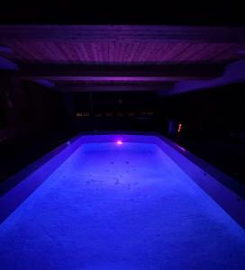 an empty swimming pool in a room with purple lights at Genteman Manor Private Indoor Pool Sauna & Lake in Sainte-Agathe-des-Monts +46 photos