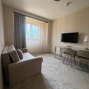 a living room with a couch and a table with a television at Heritage Hall and More in Nagykálló