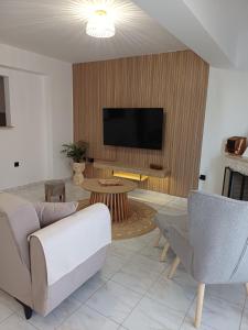 a living room with a couch and a tv on a wall at DANAI'S Sea Whisper in Lékhaion