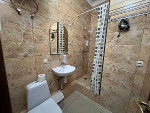 a bathroom with a toilet and a sink and a mirror at Admiral in Koblevo +33 photos