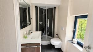 a bathroom with a toilet and a sink and a shower at Wasserturm Putbus in Putbus +11 photos