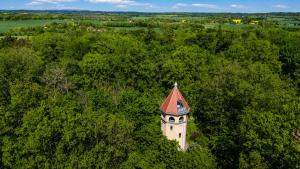 an aerial view of a clock tower in the trees at Wasserturm Putbus in Putbus