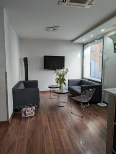 a living room with two couches and a tv at Hotel Trefacio in Zamora