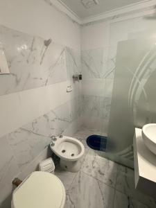 a white bathroom with a toilet and a sink at Cristal Hotel in Eduardo Castex +95 photos