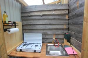 a kitchen with a stove and a sink on a counter at Forest Shed in Åsele