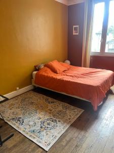 a bedroom with a bed with an orange blanket and a rug at Le5 Brest in Brest