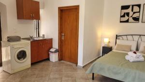 a small room with a bed and a washing machine at Studio Marianna & George in Plátanos
