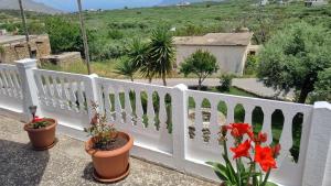 a white fence with some plants on a balcony at Studio Marianna & George in Plátanos