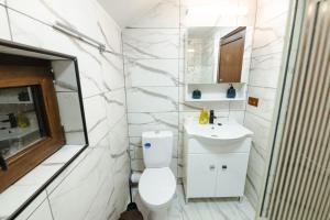 a white bathroom with a toilet and a sink at Cabana Colț de liniste in Feldru +50 photos