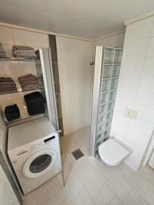a bathroom with a washing machine and a toilet at Hammergaarden Stabbursstua - Heritage Loft Stay in Sortland +7 photos