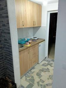 a kitchen with wooden cabinets and a sink at Ranč Pavić in Banja Luka