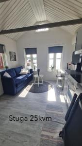 a living room with a blue couch and a table at Ellas Brygga in Karlskrona