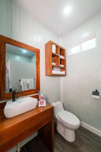 a bathroom with a toilet and a sink and a mirror at Blue Horizon Studios in Roatán +60 photos