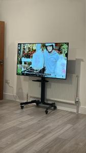 a flat screen tv on a stand in a room at Jurassic Coast Gateway Exmouth Escape in Exmouth