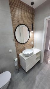 a bathroom with a sink and a mirror and a toilet at Apartament Mickiewicza in Staszów +10 photos