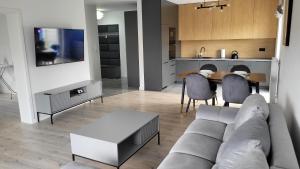 a living room with a couch and a table and a kitchen at Apartament Mickiewicza in Staszów