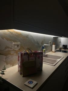 a bag sitting on a kitchen counter with a sink at Central in Argostoli