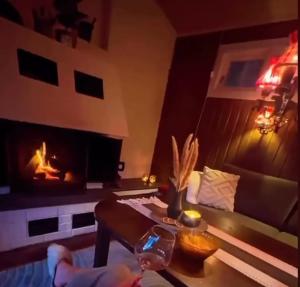 a living room with a couch and a fireplace at Lakeside cabin in Snofugl